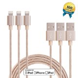 EverDigi(TM) 3PCS 6FT Lightning Cord Nylon Braided Tangle-Free 8 Pin USB Charging Cable for iPhone 6/6s/6s+,iPhone 5/5c/5s, iPad 4/ Mini/ Air, iPod Touch 5/Nano 7 on iOS9 – (Golden)