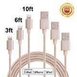 Bestfy 3Pack 3FT 6FT 10FT 3IN1 Extra Long Nylon Braided 8Pin to USB Charging Cable Cord with Aluminum Heads for iPhone 6/6s/6 Plus/5/5c/5s, iPad 4 Mini Air iPod Nano 7 iPod Touch 5 (Golden)