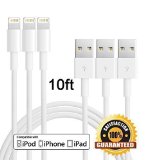 Sunnest(TM) 3 Pack 10 Ft 8-Pin Lightning to USB Data Transfer Charging and Sync Extra Long Cable Cord for iPhone 6s plus/6s/6 plus/6/5s/5c/5, iPad Air, iPad Mini, iPod Touch and iPod Nano (White)