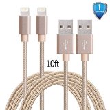 G-POW Nylon Braided USB Lightning Cable 10 Feet for iPhone 6s, 6s plus, 6plus, 6,5s 5c 5, iPad Mini, Air, iPad5, iPod - Golden (2 Pack)