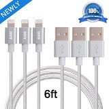 Atill 3 Pack Silver Nylon Braided Extra long Charging Cord Lightning USB Cable 6ft For iPhone 6s 6s+ 6plus 6, 5s 5c 5, iPad Air mini mini 2, iPad 4, iPod 5, and iPod 7on iOS9. (6FT,Silver)