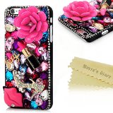 6 Plus Case,Iphone Case - Mavis's Diary 3D Handmade Bling Crytal Hot Pink Flower Sexy Lips and Lipstick with Colorful Shiny Glitter Sparkly Diamond Rhinestone and Sliver Rivet Black Cover Hard Back Case for Iphone 6 Plus (5.5